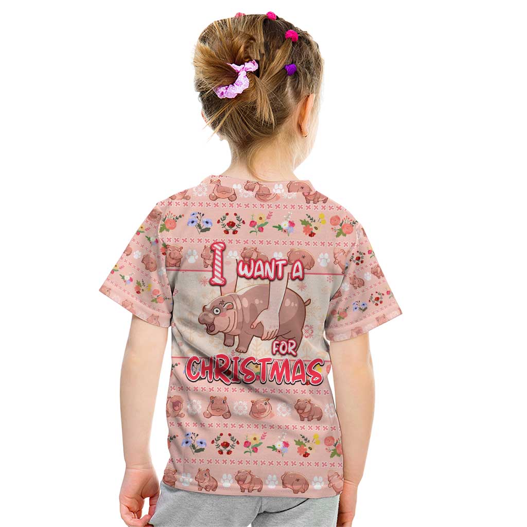 Moodeng Christmas Kid T Shirt Cute Hippo Holiday with Pastel Floral Festive Vibes - Wonder Print Shop
