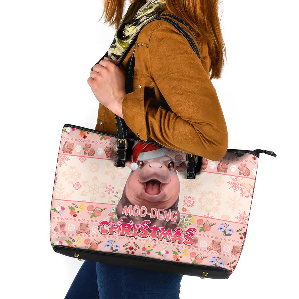 Moodeng Christmas Leather Tote Bag Cute Hippo Holiday with Pastel Floral Festive Vibes - Wonder Print Shop