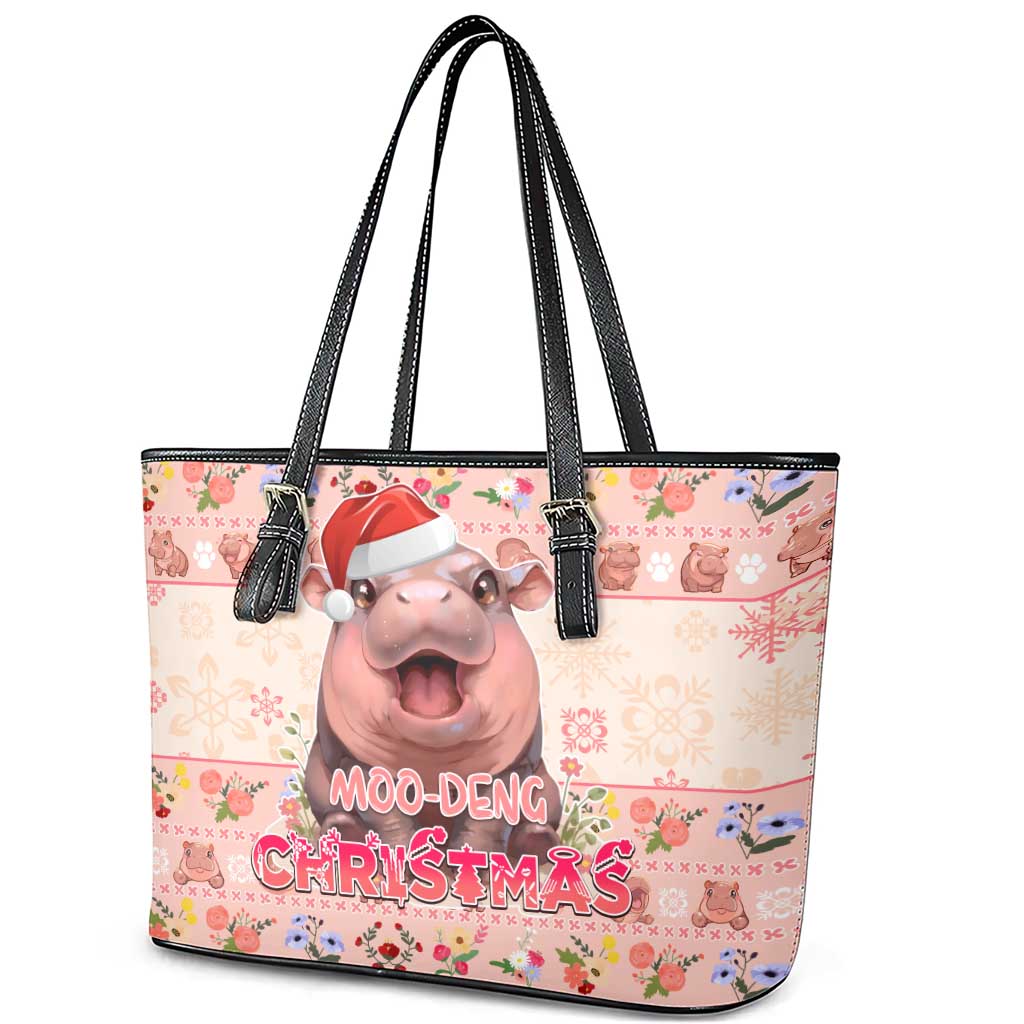 Moodeng Christmas Leather Tote Bag Cute Hippo Holiday with Pastel Floral Festive Vibes - Wonder Print Shop