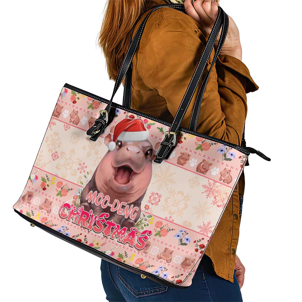 Moodeng Christmas Leather Tote Bag Cute Hippo Holiday with Pastel Floral Festive Vibes - Wonder Print Shop
