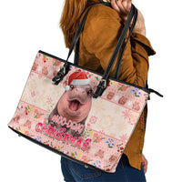 Moodeng Christmas Leather Tote Bag Cute Hippo Holiday with Pastel Floral Festive Vibes - Wonder Print Shop