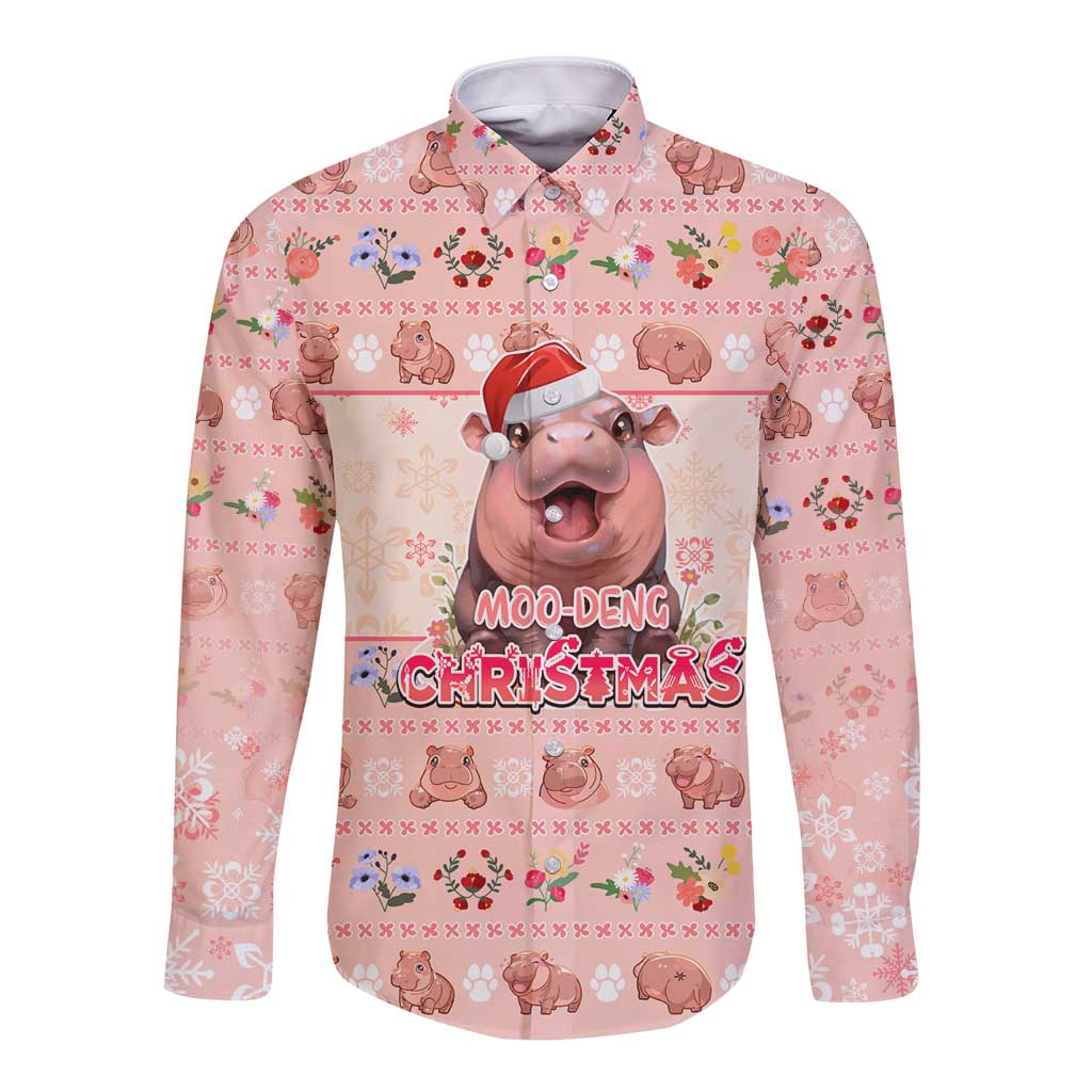 Moodeng Christmas Long Sleeve Button Shirt Cute Hippo Holiday with Pastel Floral Festive Vibes - Wonder Print Shop