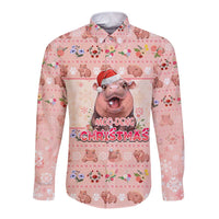 Moodeng Christmas Long Sleeve Button Shirt Cute Hippo Holiday with Pastel Floral Festive Vibes - Wonder Print Shop