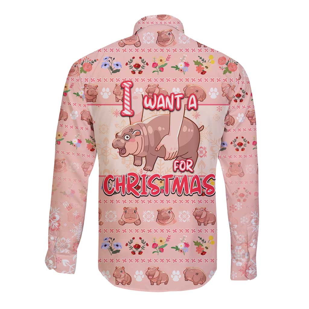 Moodeng Christmas Long Sleeve Button Shirt Cute Hippo Holiday with Pastel Floral Festive Vibes - Wonder Print Shop