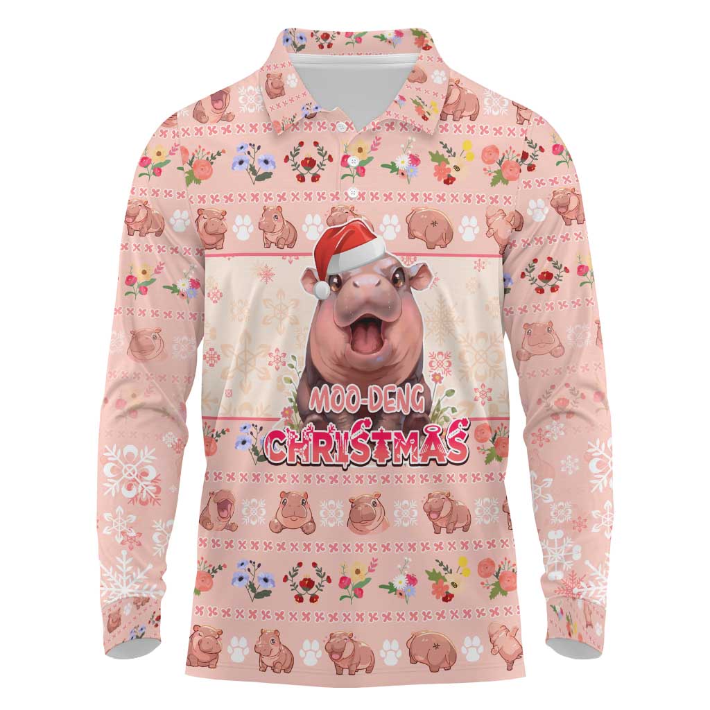 Moodeng Christmas Long Sleeve Polo Shirt Cute Hippo Holiday with Pastel Floral Festive Vibes - Wonder Print Shop