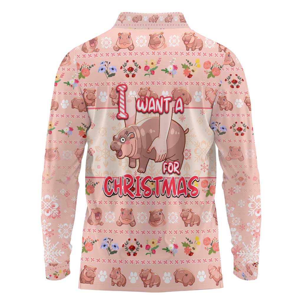Moodeng Christmas Long Sleeve Polo Shirt Cute Hippo Holiday with Pastel Floral Festive Vibes - Wonder Print Shop