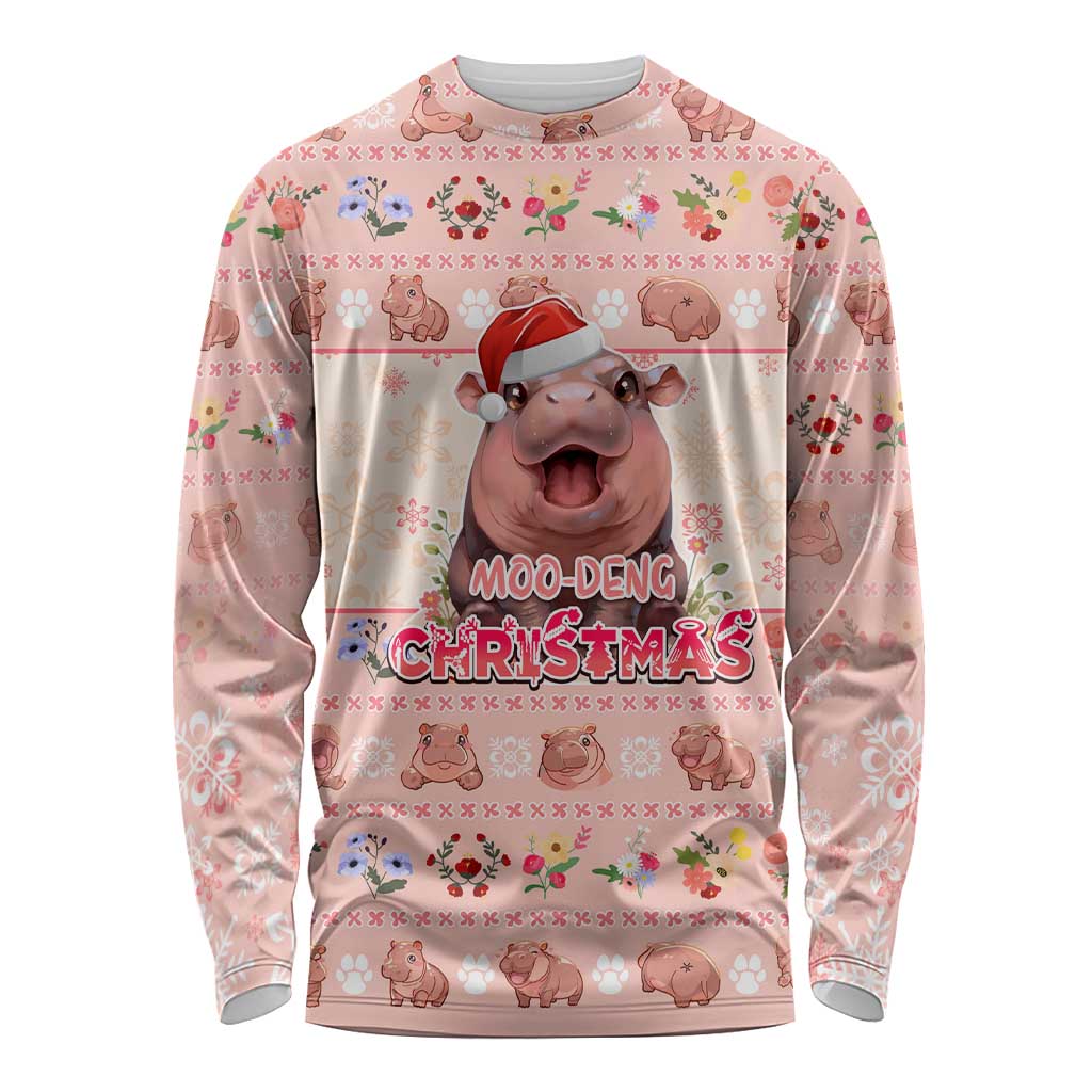 Moodeng Christmas Long Sleeve Shirt Cute Hippo Holiday with Pastel Floral Festive Vibes - Wonder Print Shop