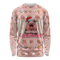 Moodeng Christmas Long Sleeve Shirt Cute Hippo Holiday with Pastel Floral Festive Vibes - Wonder Print Shop