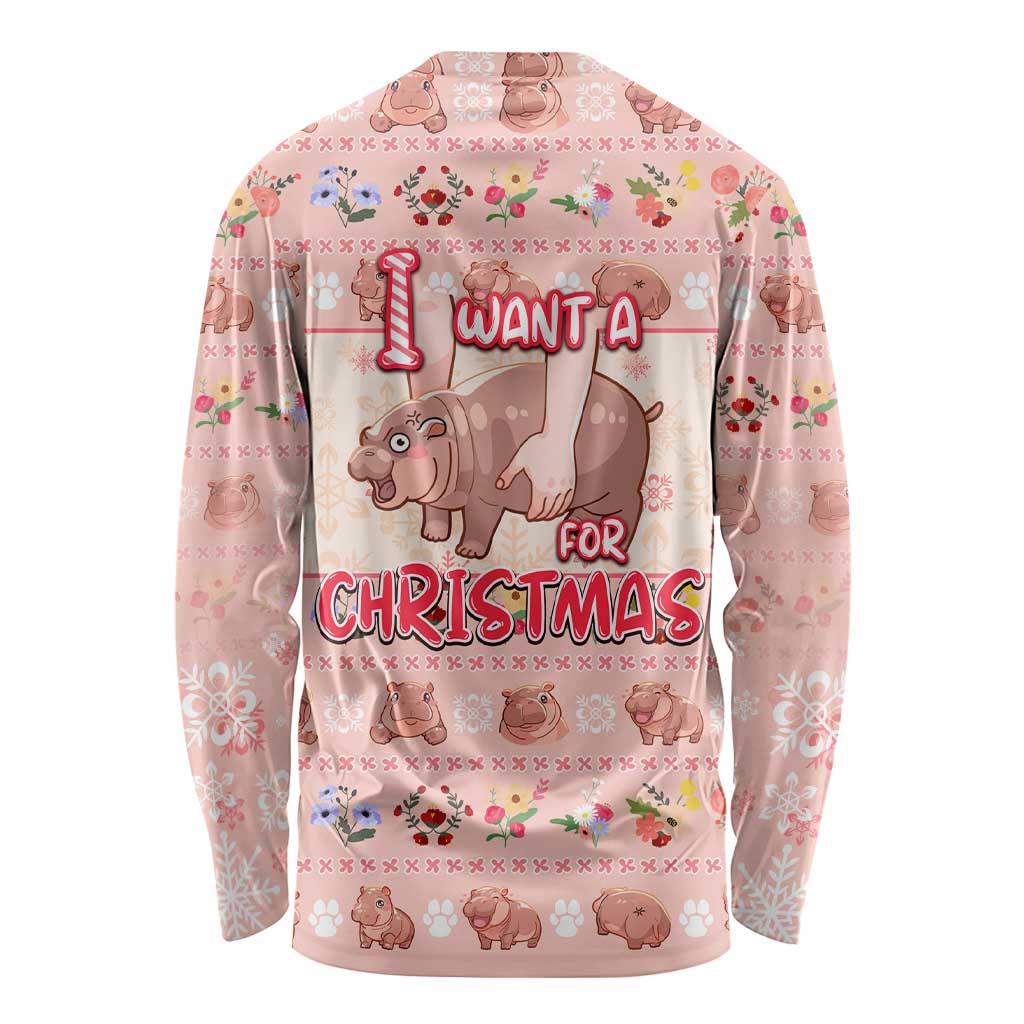 Moodeng Christmas Long Sleeve Shirt Cute Hippo Holiday with Pastel Floral Festive Vibes - Wonder Print Shop