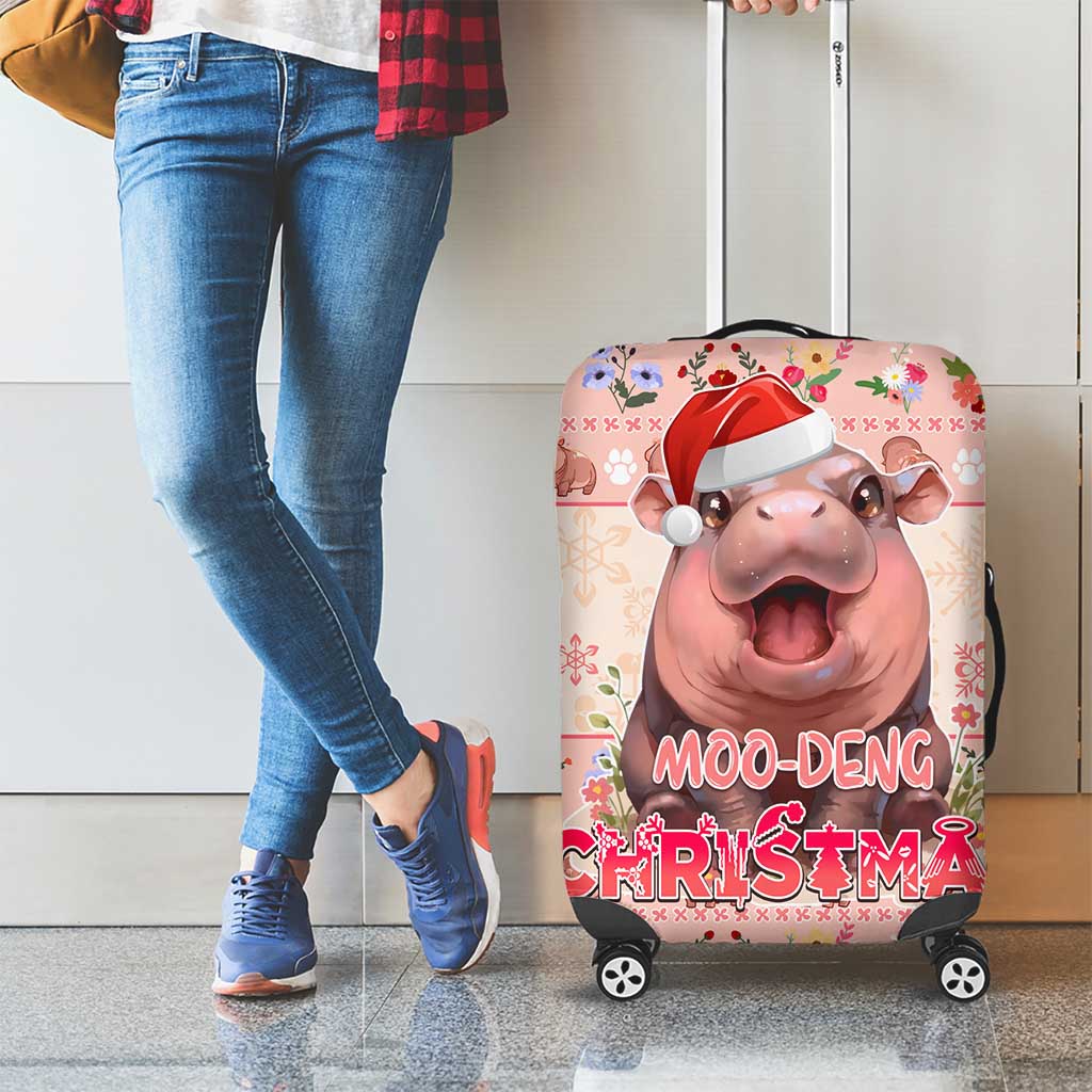 Moodeng Christmas Luggage Cover Cute Hippo Holiday with Pastel Floral Festive Vibes - Wonder Print Shop