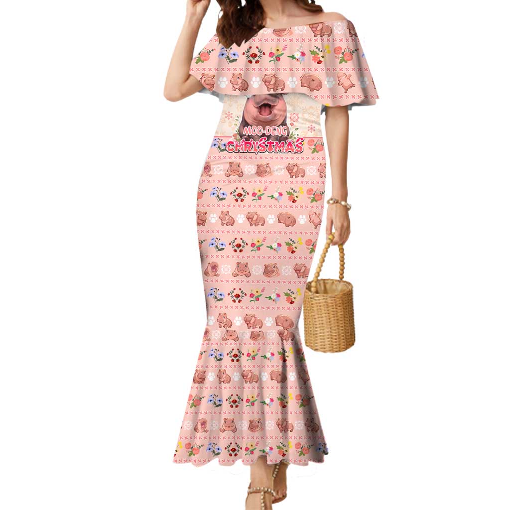 Moodeng Christmas Mermaid Dress Cute Hippo Holiday with Pastel Floral Festive Vibes - Wonder Print Shop