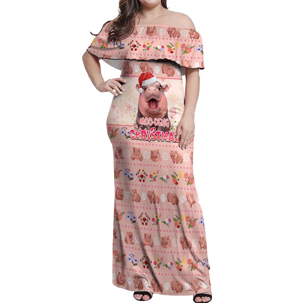 Moodeng Christmas Off Shoulder Maxi Dress Cute Hippo Holiday with Pastel Floral Festive Vibes - Wonder Print Shop