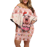 Moodeng Christmas Off Shoulder Short Dress Cute Hippo Holiday with Pastel Floral Festive Vibes - Wonder Print Shop