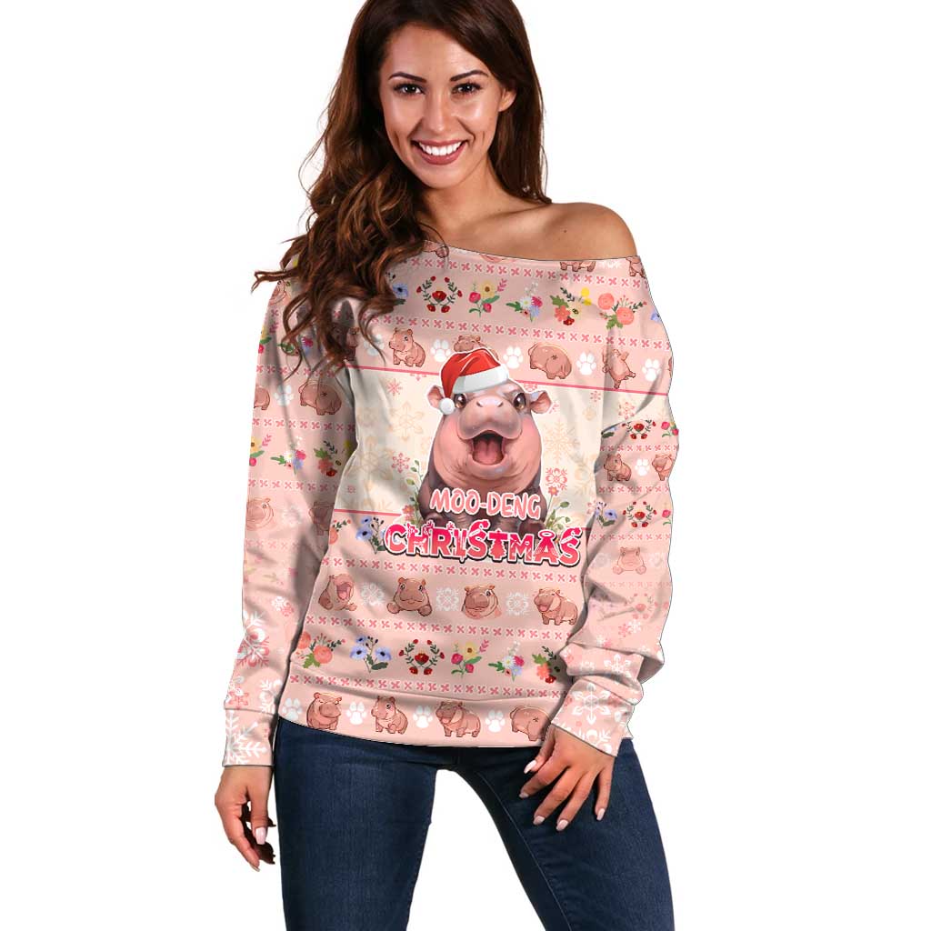 Moodeng Christmas Off Shoulder Sweater Cute Hippo Holiday with Pastel Floral Festive Vibes - Wonder Print Shop