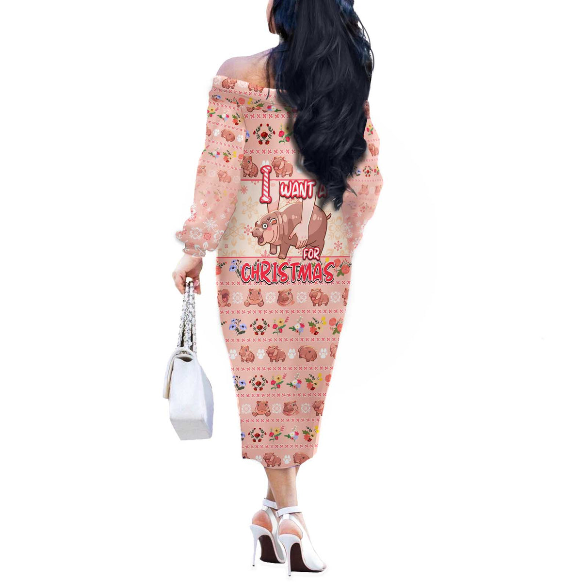 Moodeng Christmas Off The Shoulder Long Sleeve Dress Cute Hippo Holiday with Pastel Floral Festive Vibes - Wonder Print Shop
