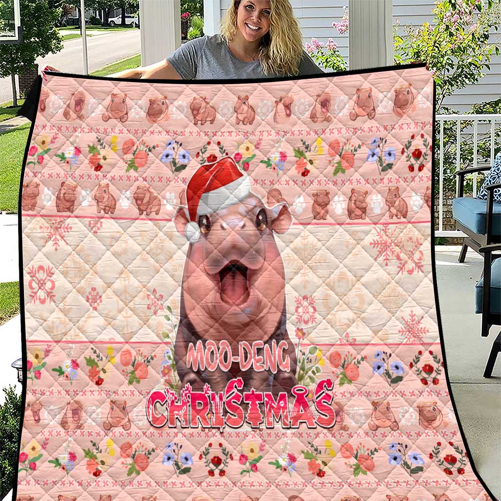 Moodeng Christmas Quilt Cute Hippo Holiday with Pastel Floral Festive Vibes - Wonder Print Shop