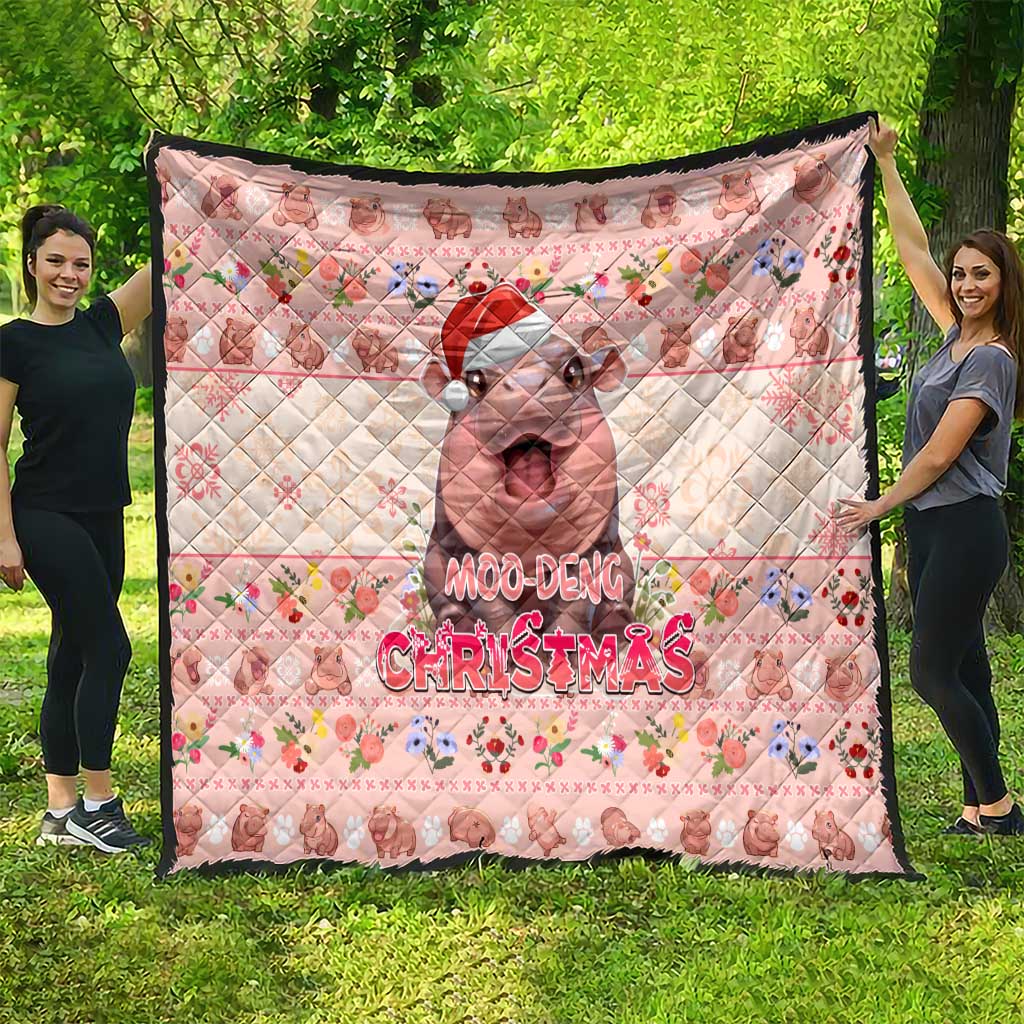 Moodeng Christmas Quilt Cute Hippo Holiday with Pastel Floral Festive Vibes - Wonder Print Shop