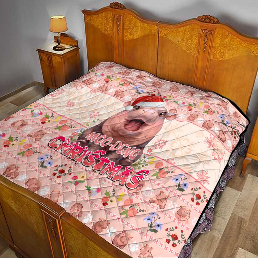Moodeng Christmas Quilt Cute Hippo Holiday with Pastel Floral Festive Vibes - Wonder Print Shop