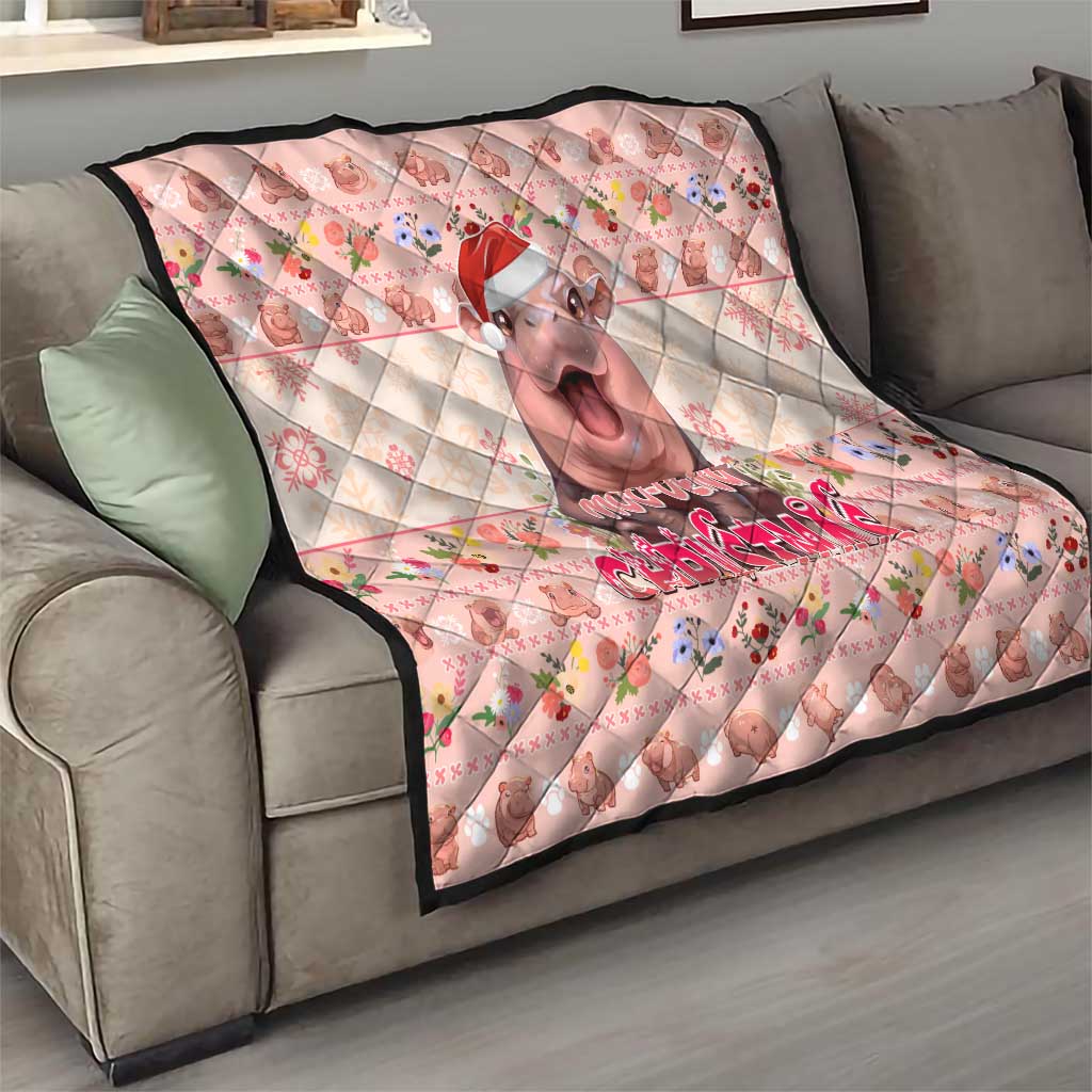 Moodeng Christmas Quilt Cute Hippo Holiday with Pastel Floral Festive Vibes - Wonder Print Shop