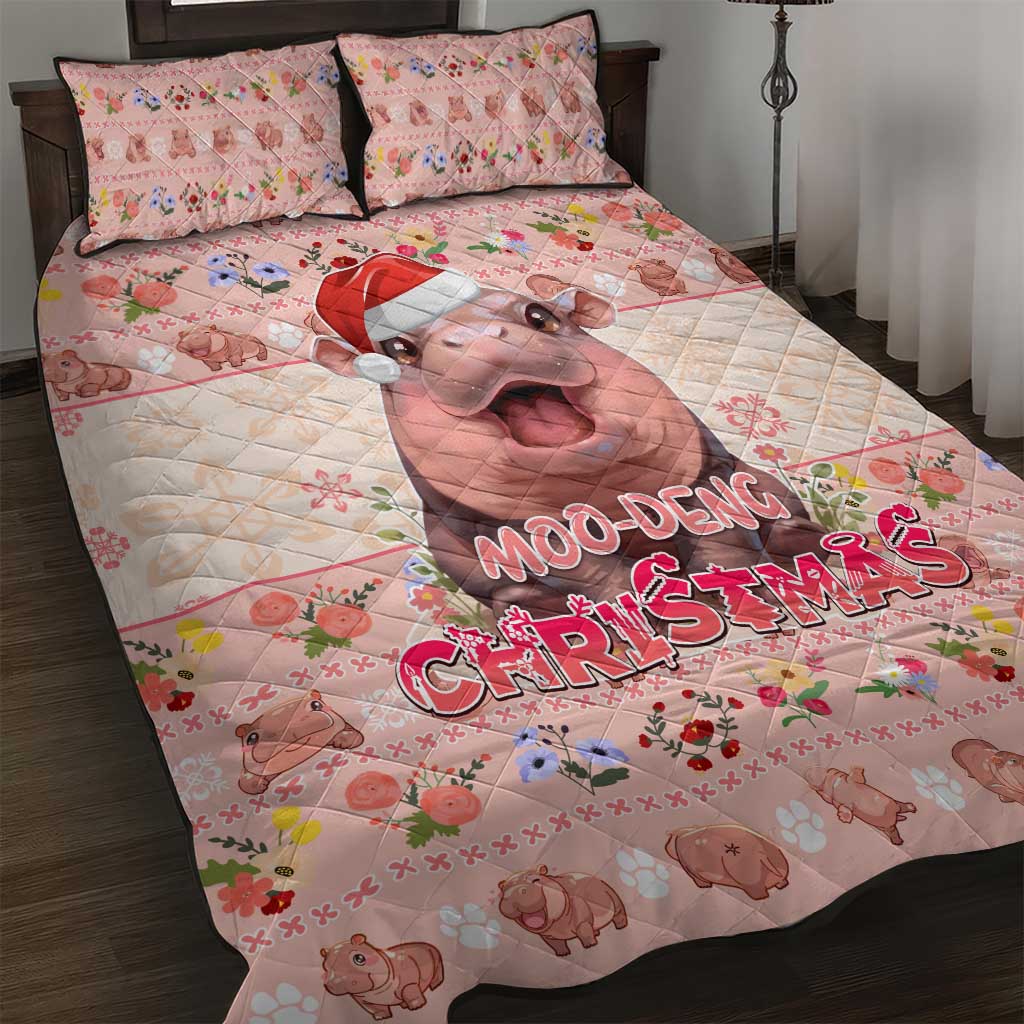 Moodeng Christmas Quilt Bed Set Cute Hippo Holiday with Pastel Floral Festive Vibes - Wonder Print Shop