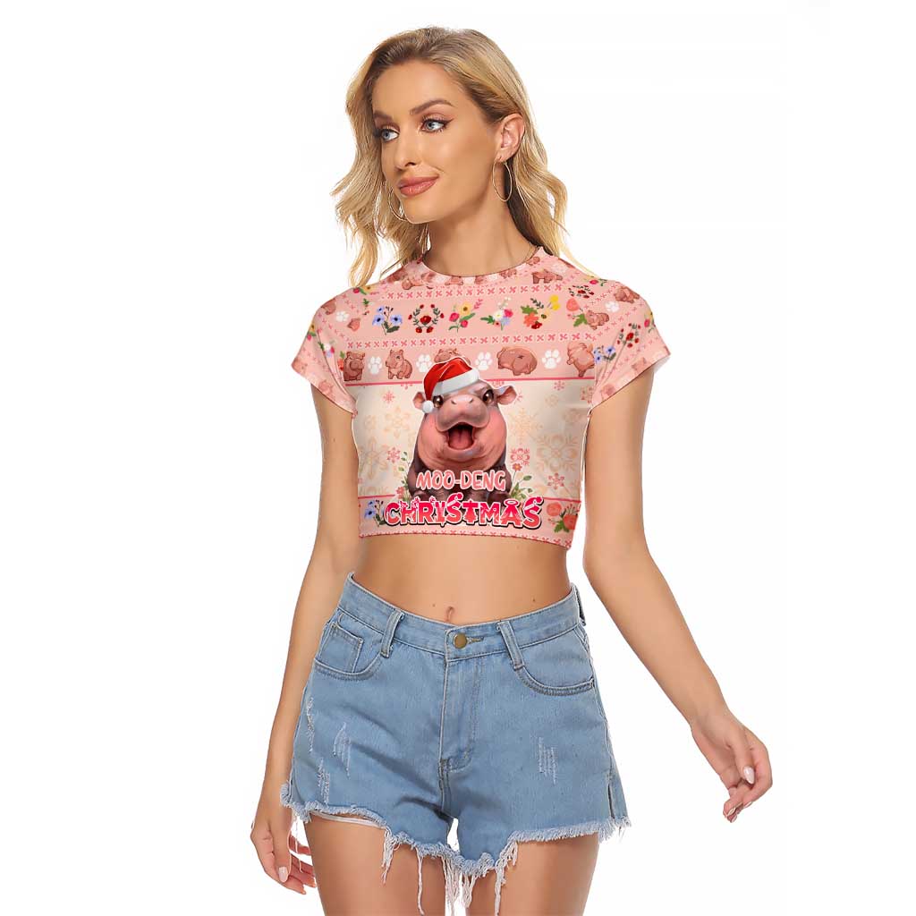 Moodeng Christmas Raglan Cropped T Shirt Cute Hippo Holiday with Pastel Floral Festive Vibes - Wonder Print Shop