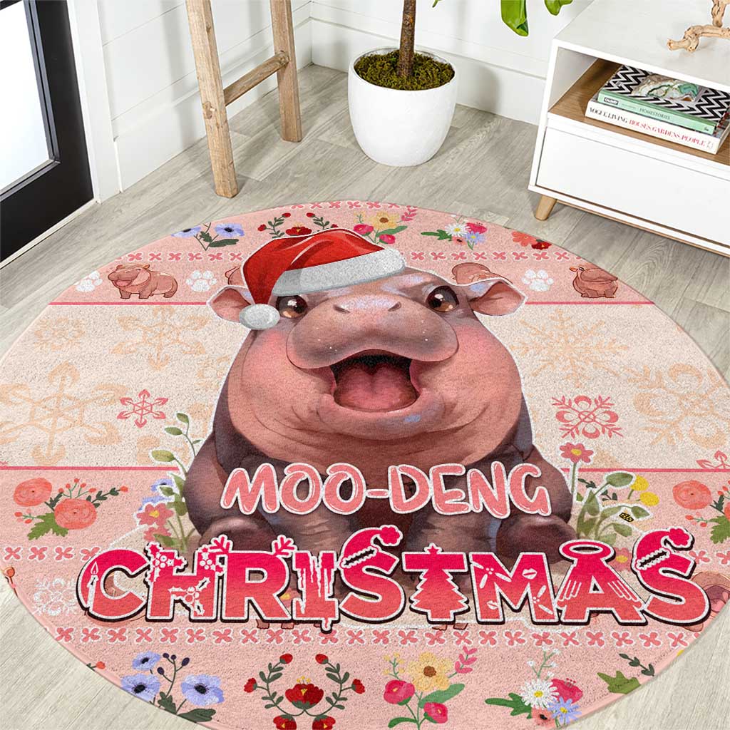 Moodeng Christmas Round Carpet Cute Hippo Holiday with Pastel Floral Festive Vibes - Wonder Print Shop