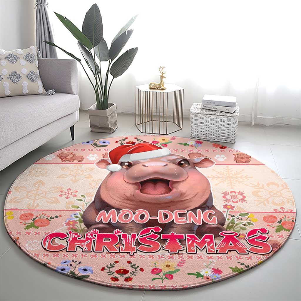 Moodeng Christmas Round Carpet Cute Hippo Holiday with Pastel Floral Festive Vibes - Wonder Print Shop