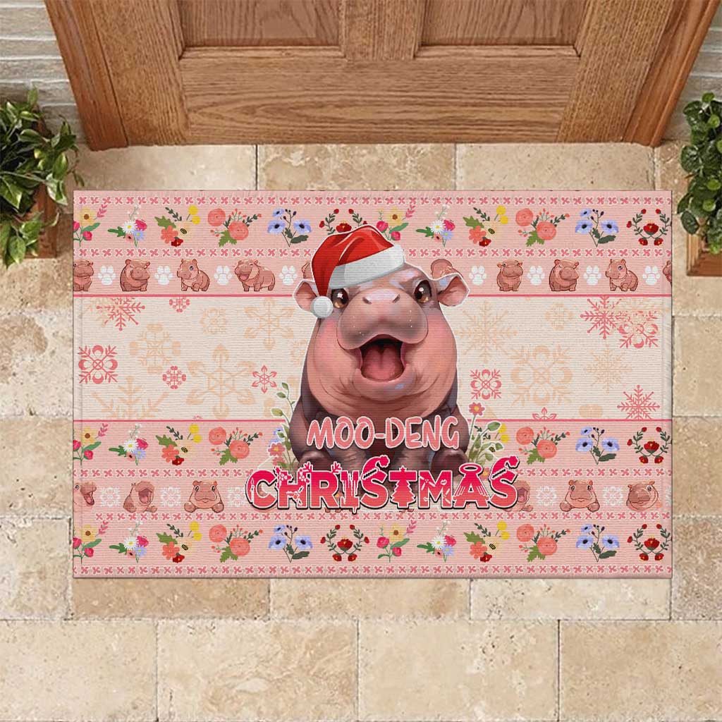 Moodeng Christmas Rubber Doormat Cute Hippo Holiday with Pastel Floral Festive Vibes - Wonder Print Shop