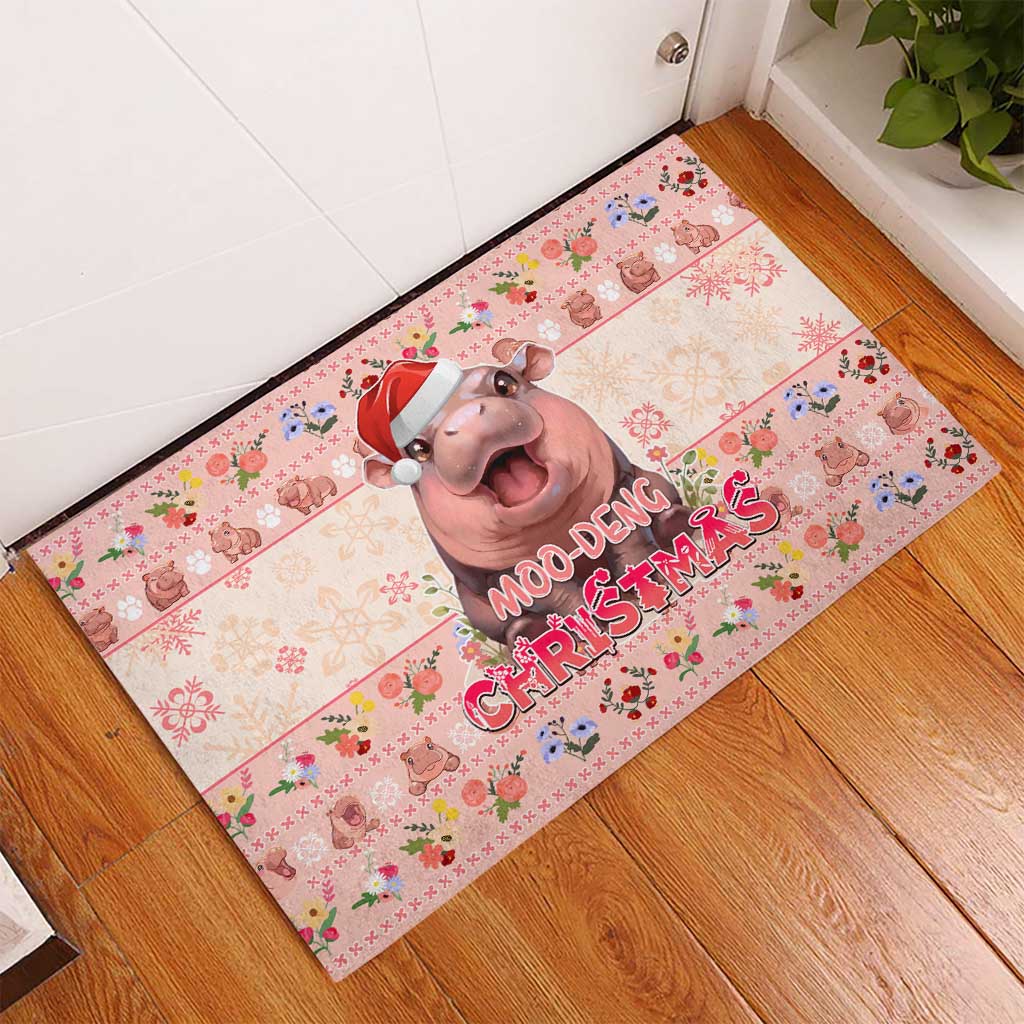 Moodeng Christmas Rubber Doormat Cute Hippo Holiday with Pastel Floral Festive Vibes - Wonder Print Shop