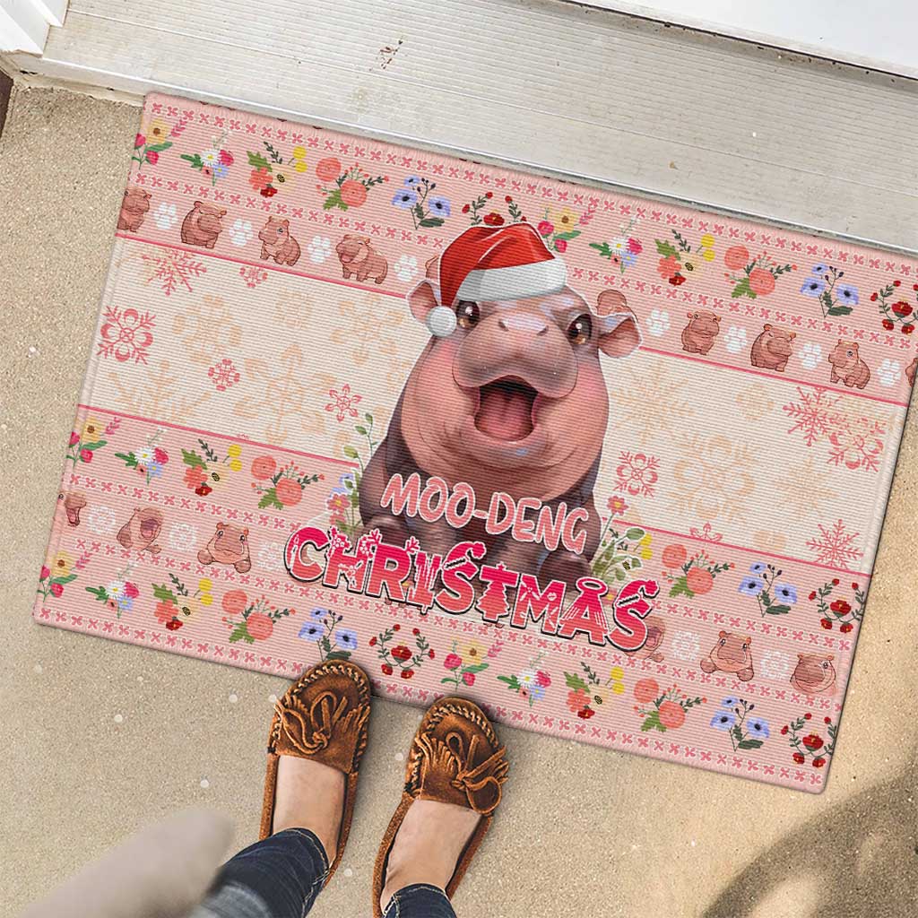 Moodeng Christmas Rubber Doormat Cute Hippo Holiday with Pastel Floral Festive Vibes - Wonder Print Shop