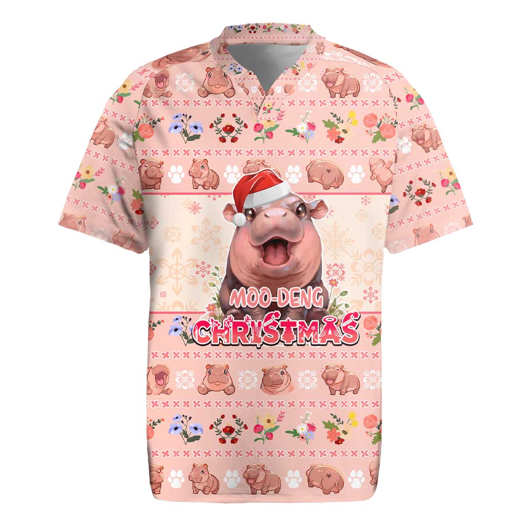 Moodeng Christmas Rugby Jersey Cute Hippo Holiday with Pastel Floral Festive Vibes - Wonder Print Shop
