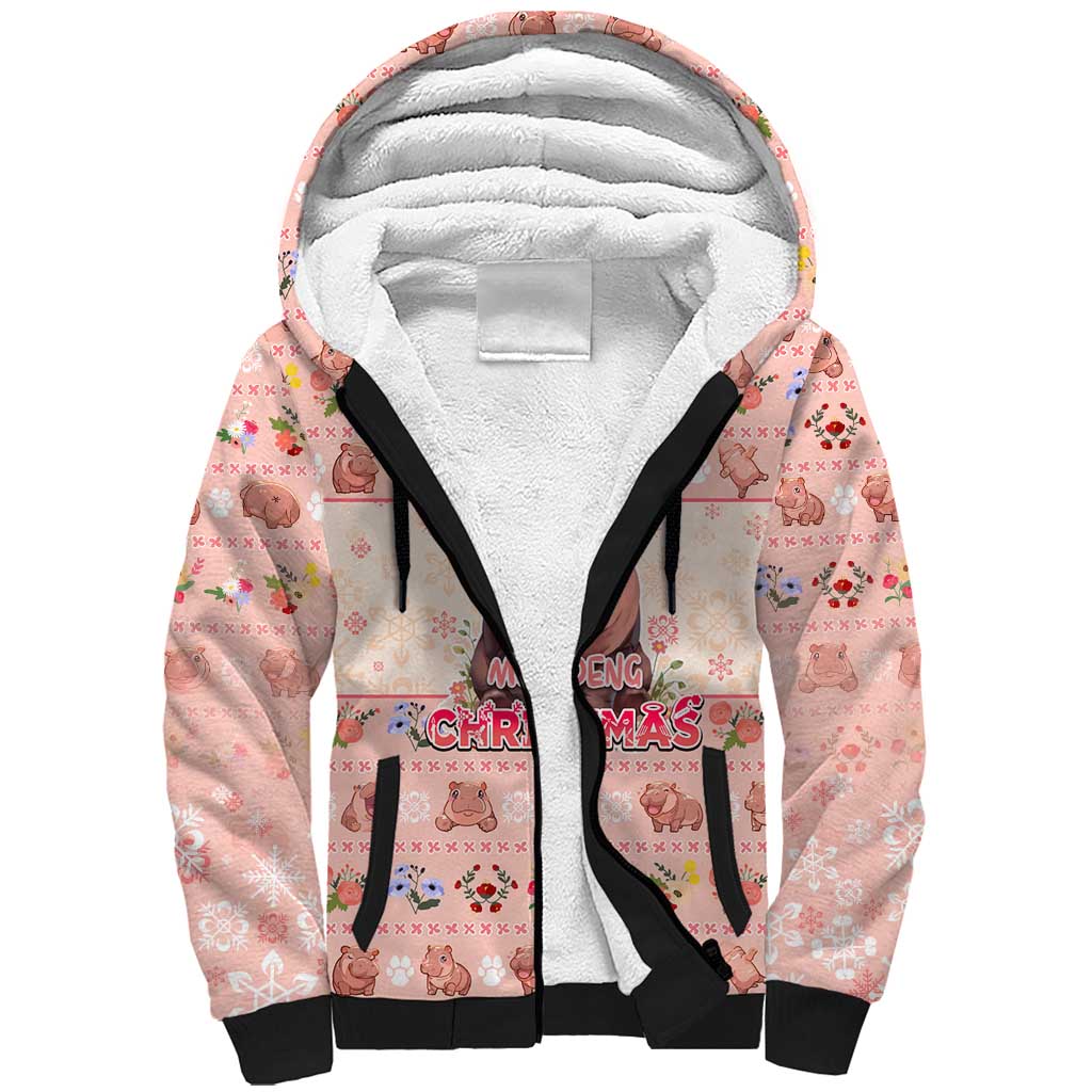 Moodeng Christmas Sherpa Hoodie Cute Hippo Holiday with Pastel Floral Festive Vibes - Wonder Print Shop