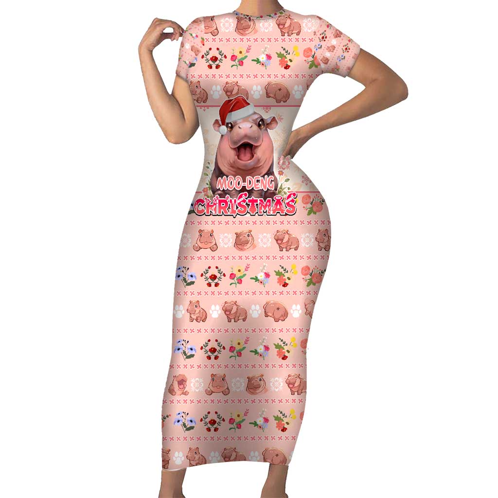 Moodeng Christmas Short Sleeve Bodycon Dress Cute Hippo Holiday with Pastel Floral Festive Vibes - Wonder Print Shop