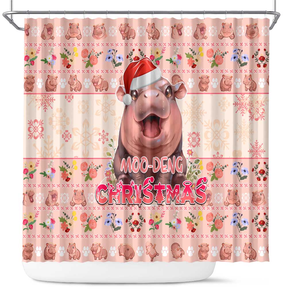 Moodeng Christmas Shower Curtain Cute Hippo Holiday with Pastel Floral Festive Vibes - Wonder Print Shop