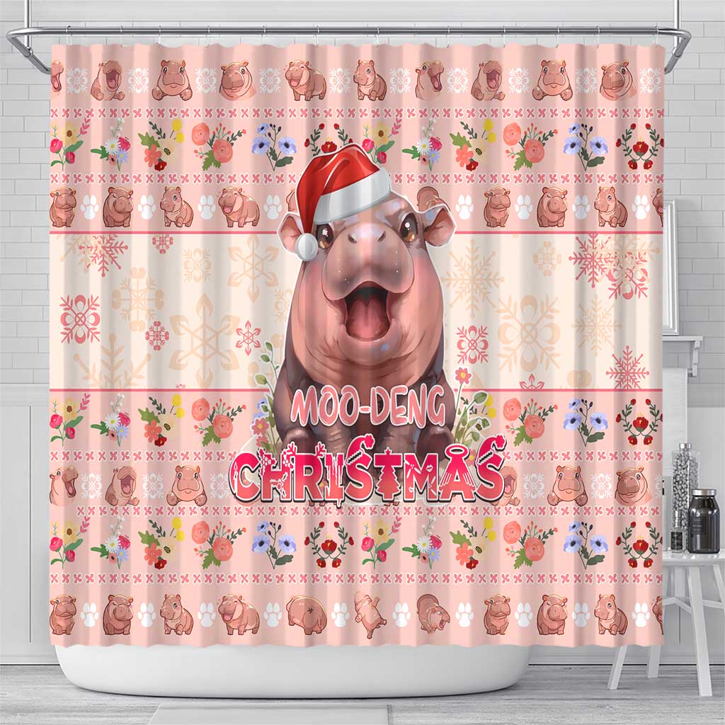 Moodeng Christmas Shower Curtain Cute Hippo Holiday with Pastel Floral Festive Vibes - Wonder Print Shop
