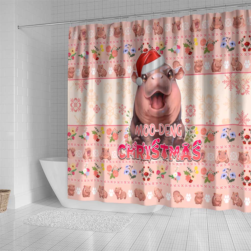 Moodeng Christmas Shower Curtain Cute Hippo Holiday with Pastel Floral Festive Vibes - Wonder Print Shop