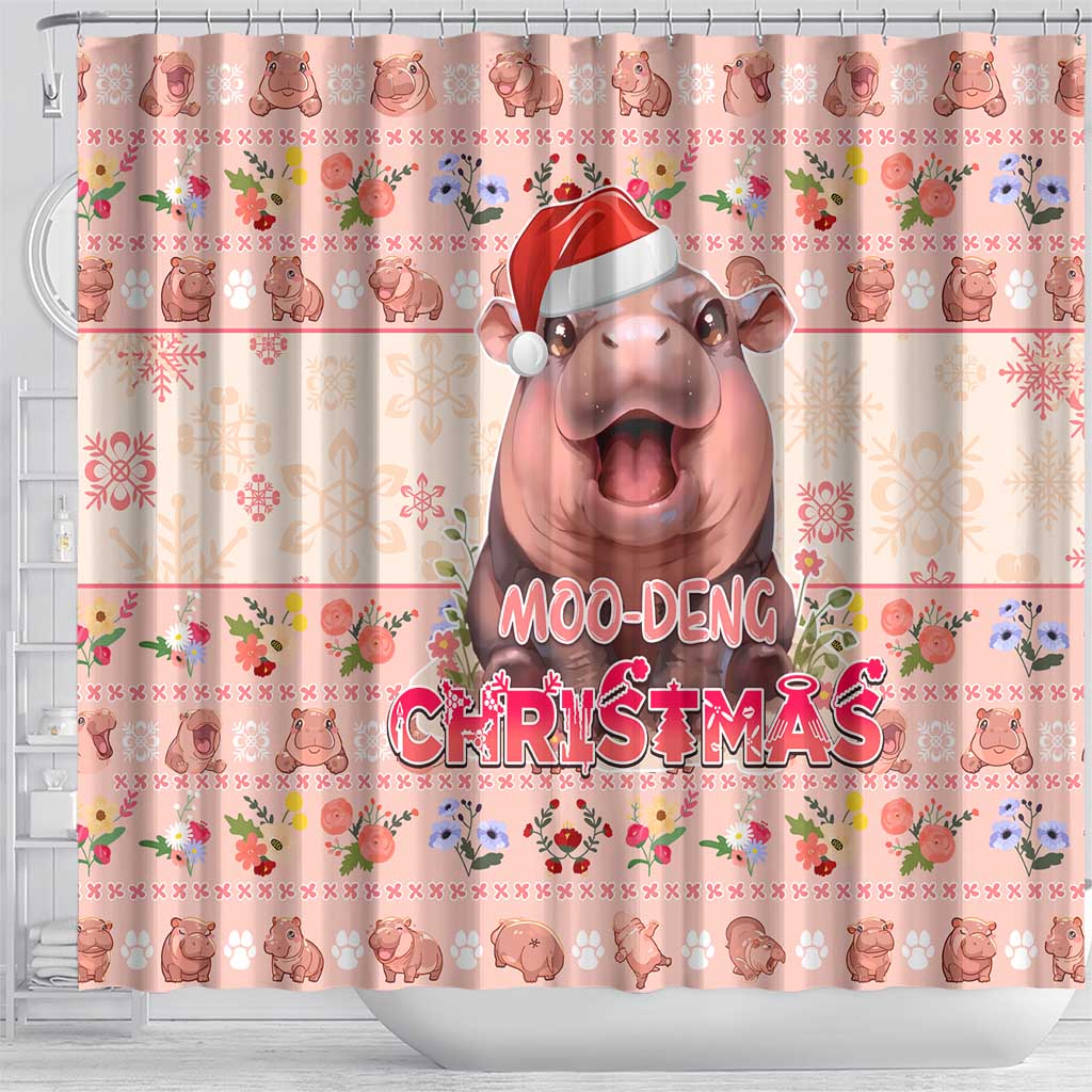 Moodeng Christmas Shower Curtain Cute Hippo Holiday with Pastel Floral Festive Vibes - Wonder Print Shop