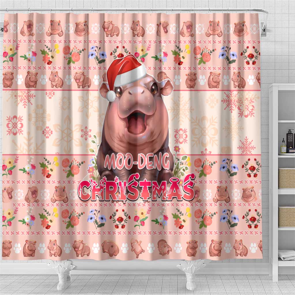 Moodeng Christmas Shower Curtain Cute Hippo Holiday with Pastel Floral Festive Vibes - Wonder Print Shop