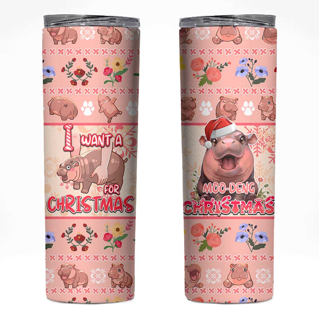 Moodeng Christmas Skinny Tumbler Cute Hippo Holiday with Pastel Floral Festive Vibes - Wonder Print Shop
