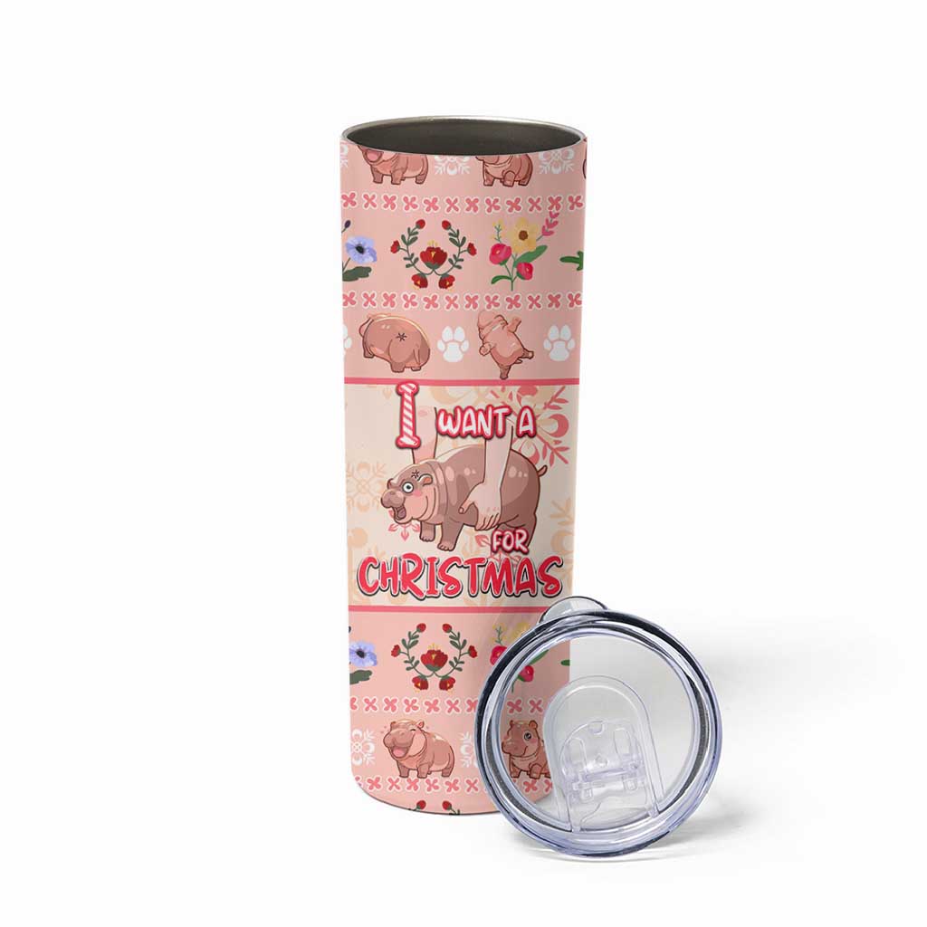 Moodeng Christmas Skinny Tumbler Cute Hippo Holiday with Pastel Floral Festive Vibes - Wonder Print Shop