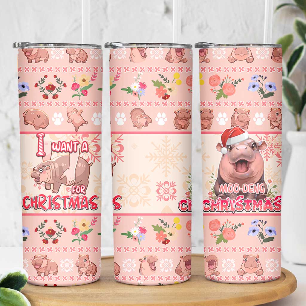 Moodeng Christmas Skinny Tumbler Cute Hippo Holiday with Pastel Floral Festive Vibes - Wonder Print Shop