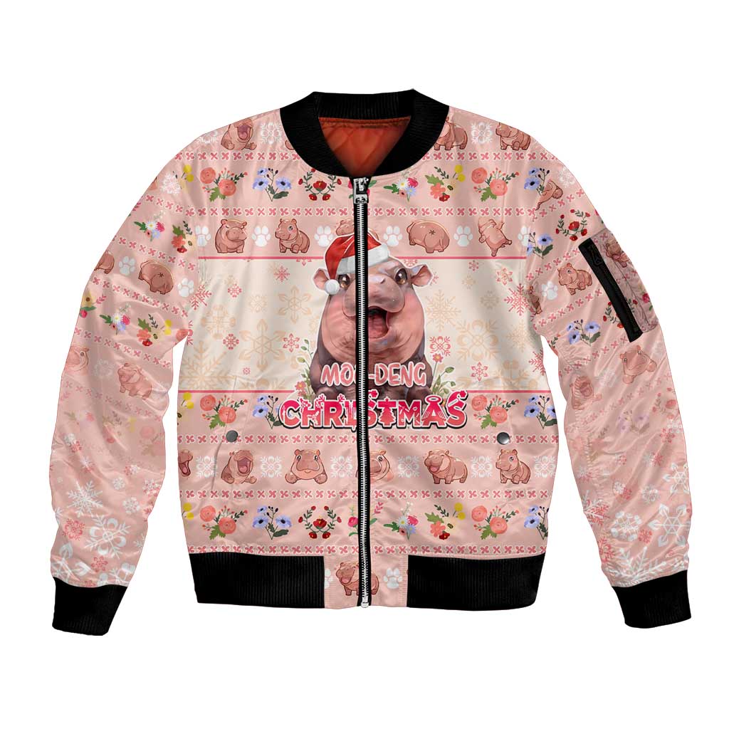 Moodeng Christmas Sleeve Zip Bomber Jacket Cute Hippo Holiday with Pastel Floral Festive Vibes - Wonder Print Shop