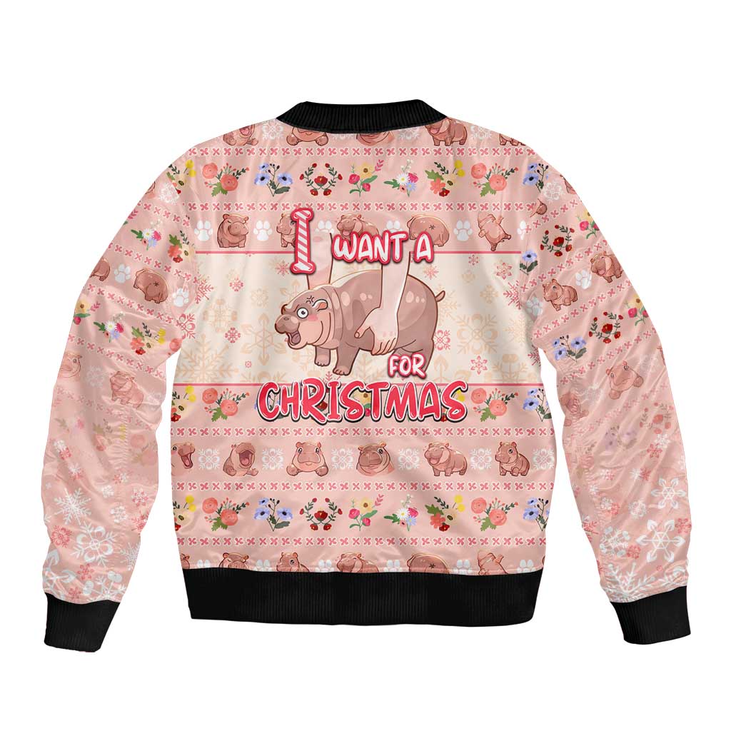 Moodeng Christmas Sleeve Zip Bomber Jacket Cute Hippo Holiday with Pastel Floral Festive Vibes - Wonder Print Shop