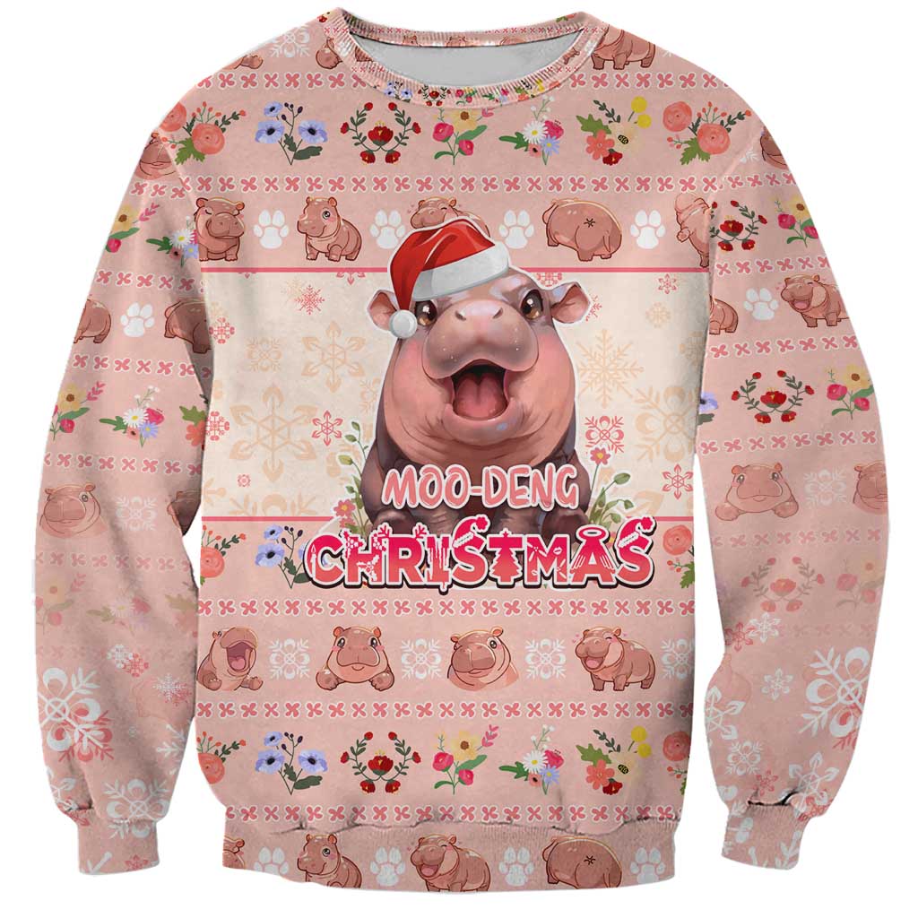 Moodeng Christmas Sweatshirt Cute Hippo Holiday with Pastel Floral Festive Vibes - Wonder Print Shop