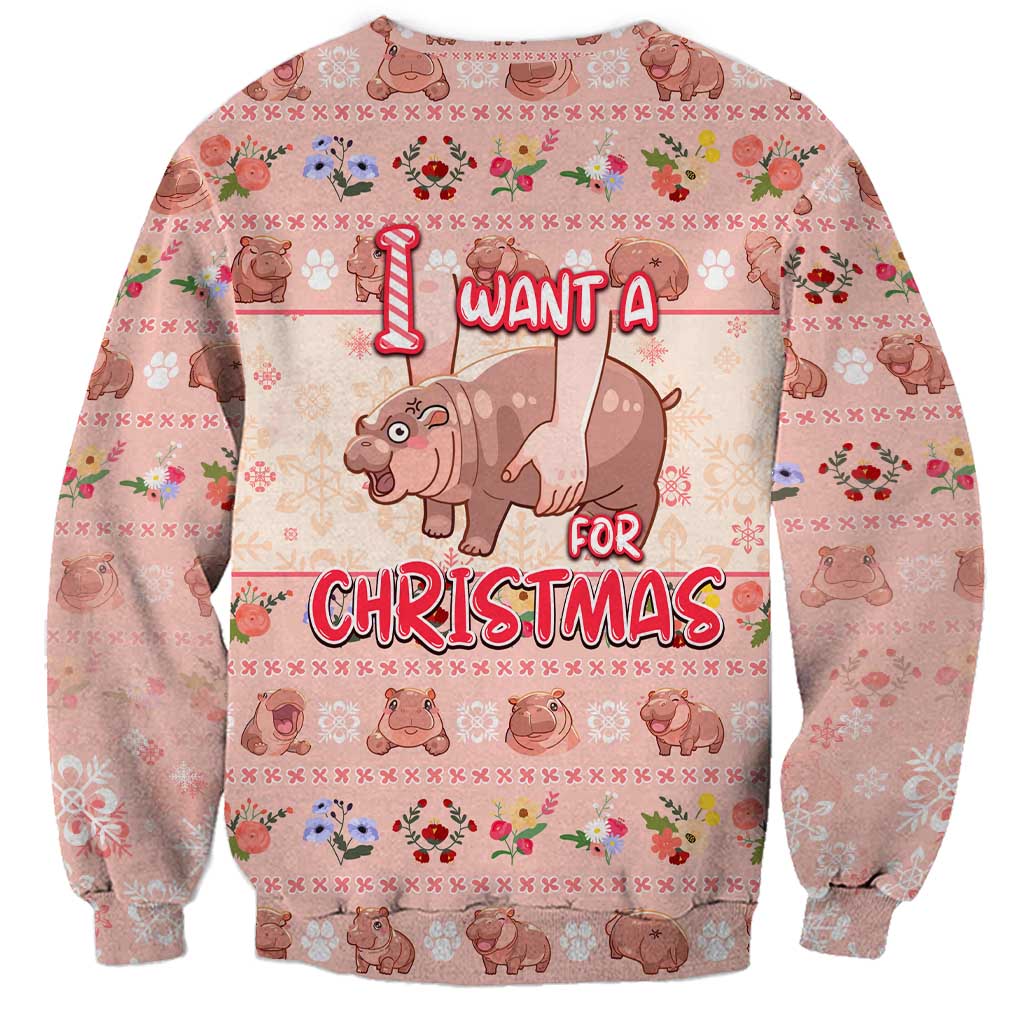 Moodeng Christmas Sweatshirt Cute Hippo Holiday with Pastel Floral Festive Vibes - Wonder Print Shop