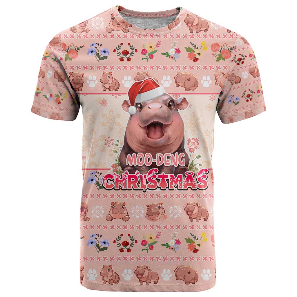 Moodeng Christmas T Shirt Cute Hippo Holiday with Pastel Floral Festive Vibes - Wonder Print Shop