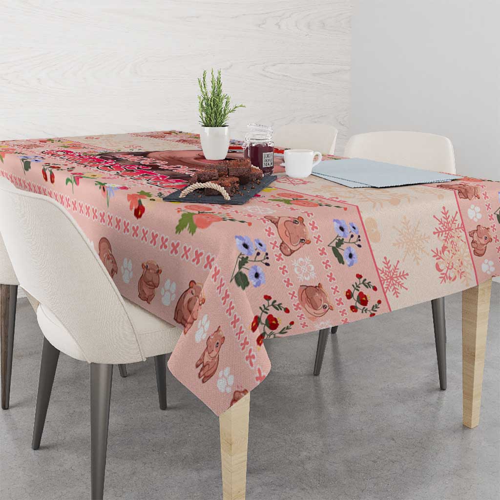 Moodeng Christmas Tablecloth Cute Hippo Holiday with Pastel Floral Festive Vibes - Wonder Print Shop