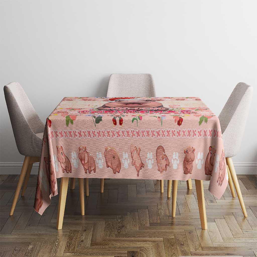 Moodeng Christmas Tablecloth Cute Hippo Holiday with Pastel Floral Festive Vibes - Wonder Print Shop