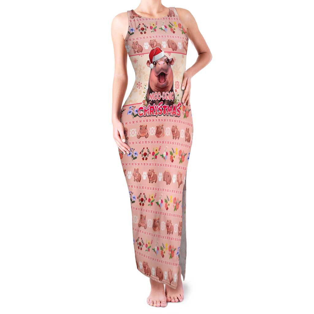 Moodeng Christmas Tank Maxi Dress Cute Hippo Holiday with Pastel Floral Festive Vibes - Wonder Print Shop