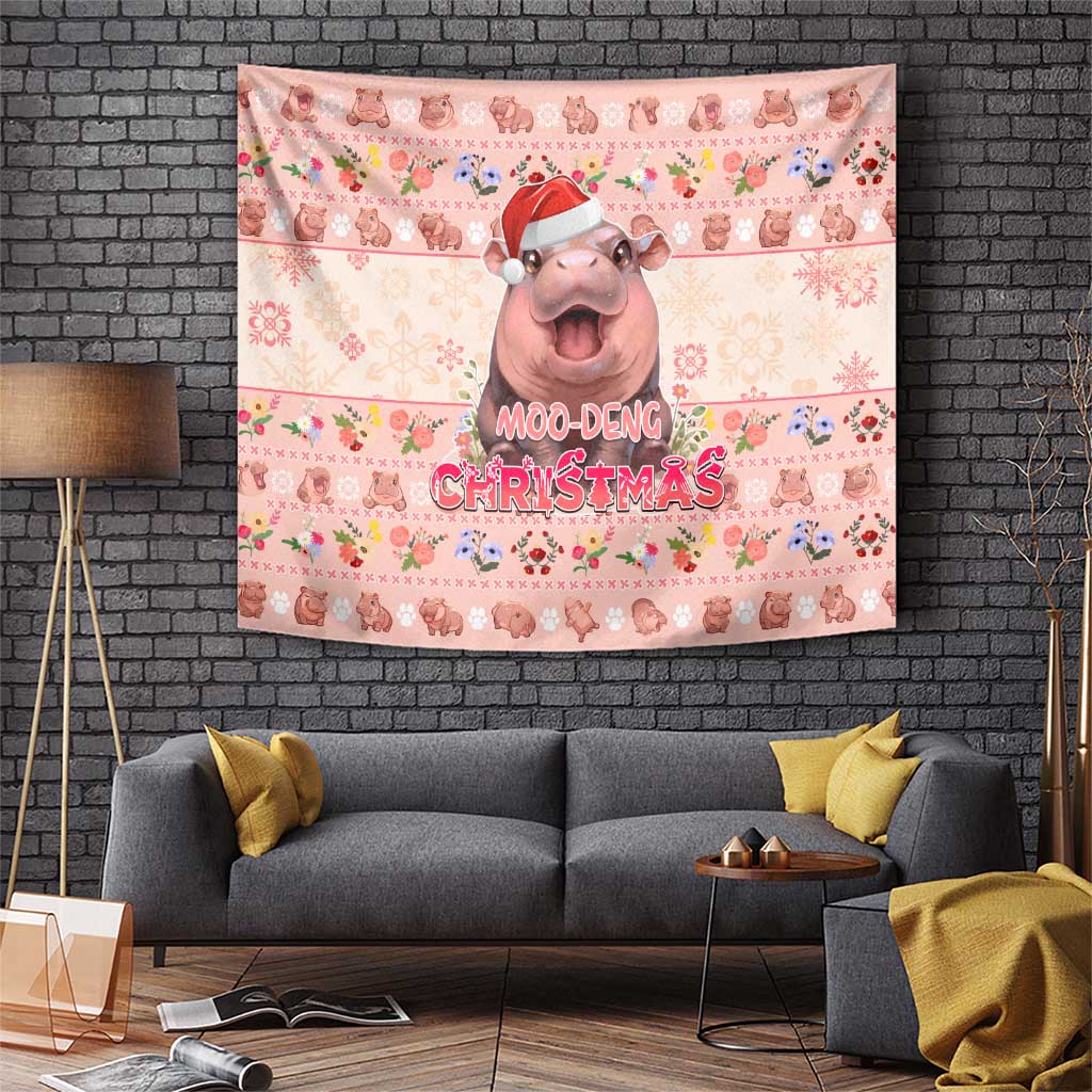 Moodeng Christmas Tapestry Cute Hippo Holiday with Pastel Floral Festive Vibes - Wonder Print Shop